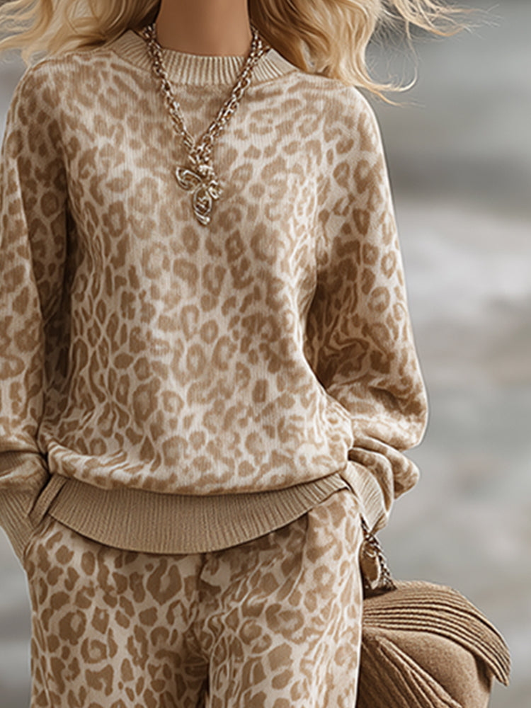 Women’s Khaki Leopard Print Knit Set – Sweatshirt & Trousers