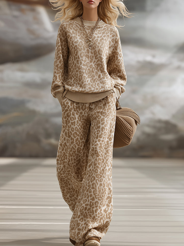 Women’s Khaki Leopard Print Knit Set – Sweatshirt & Trousers