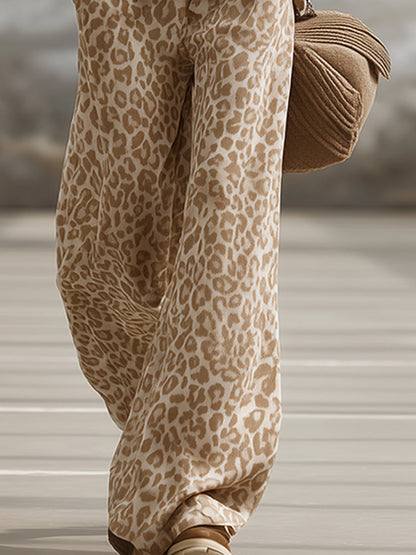Women’s Khaki Leopard Print Knit Set – Sweatshirt & Trousers