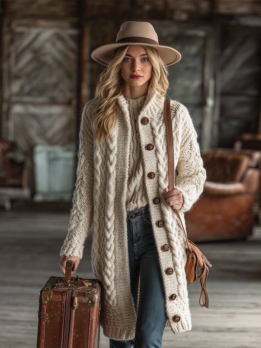 Women’s Retro Apricot Cable Knit Long Cardigan
