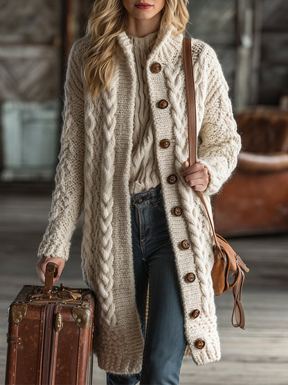 Women’s Retro Apricot Cable Knit Long Cardigan